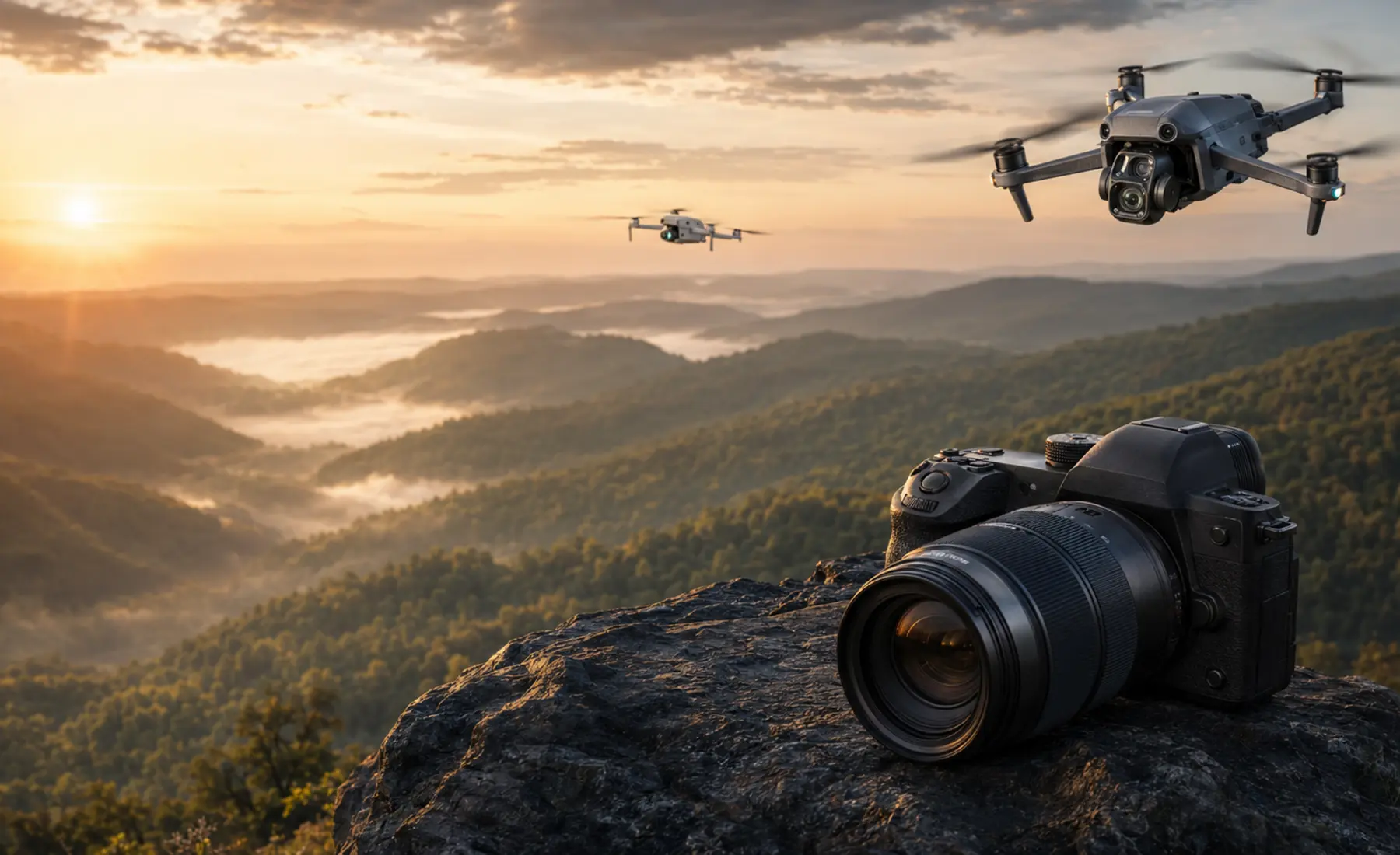 Appareil photo professionnel et deux drones au-dessus des Ardennes au lever du soleil